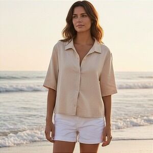 Shade & Shore Beige Linen Blend Button Down Shirt Women's Boxy Vacation Size XL